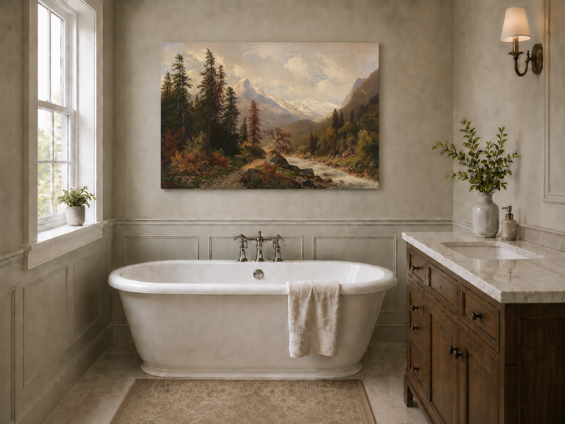 Hand-painted mountain forest landscape oil painting with river and distant peaks displayed in a bathroom interior above a bathtub.