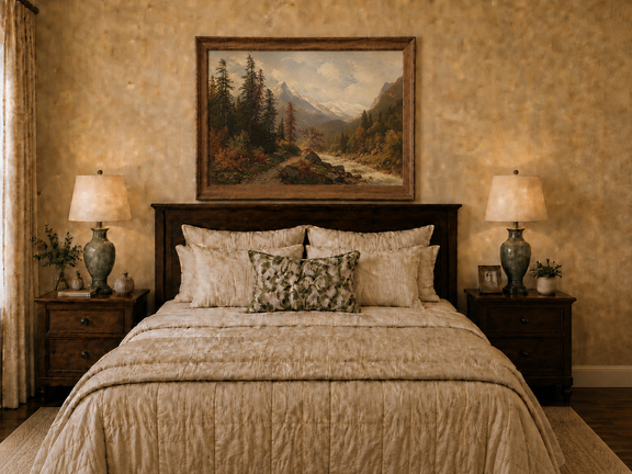 Hand-painted mountain forest landscape oil painting with river and distant peaks displayed above a bed in a bedroom interior.