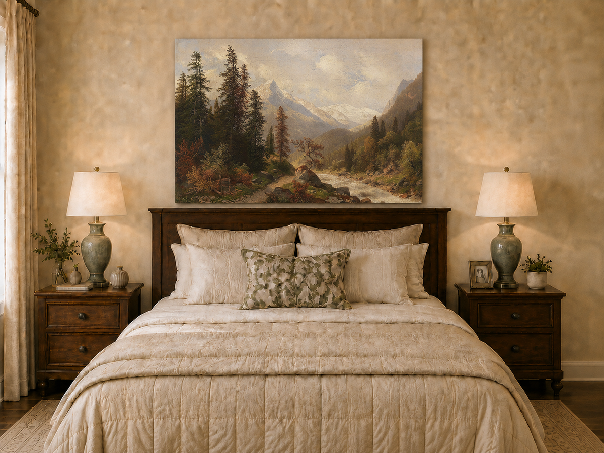 Hand-painted mountain forest landscape oil painting with river and distant peaks displayed above a bed in a bedroom interior.