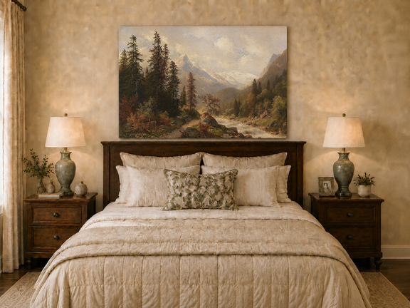 Hand-painted mountain forest landscape oil painting with river and distant peaks displayed above a bed in a bedroom interior.