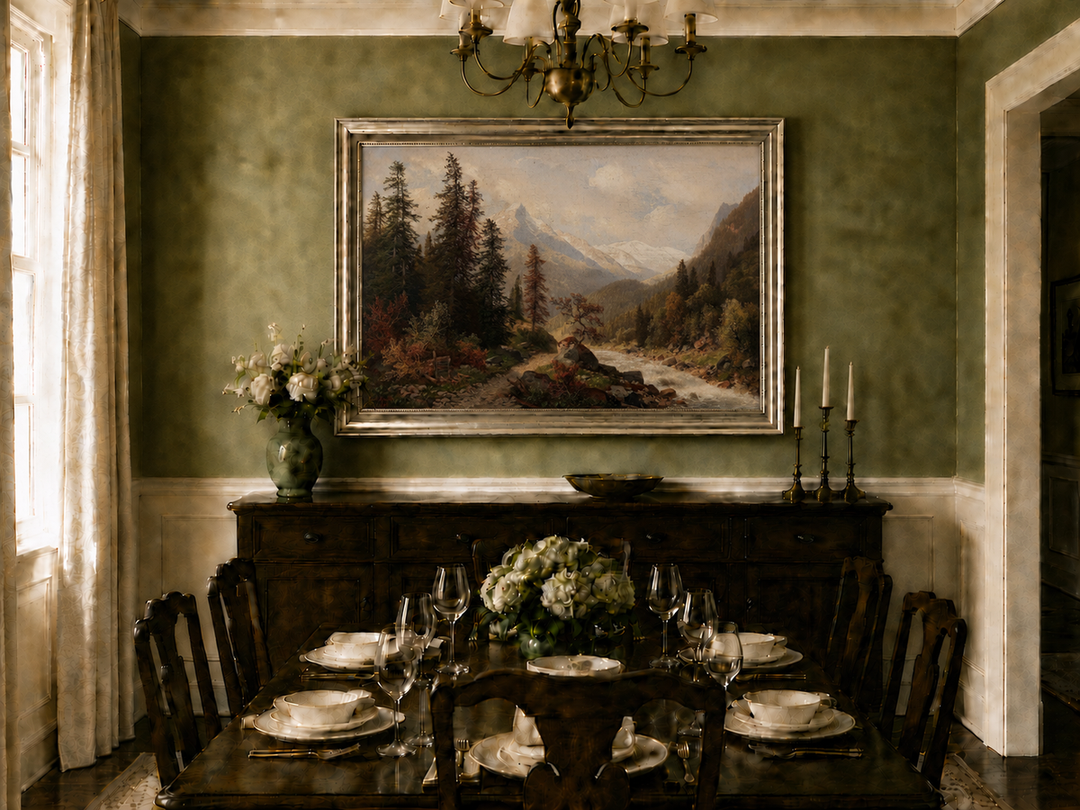 Hand-painted mountain forest landscape oil painting with river and distant peaks displayed in a dining room interior.