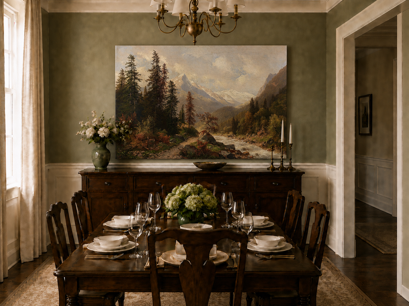 Hand-painted mountain forest landscape oil painting with river and distant peaks displayed in a dining room interior.