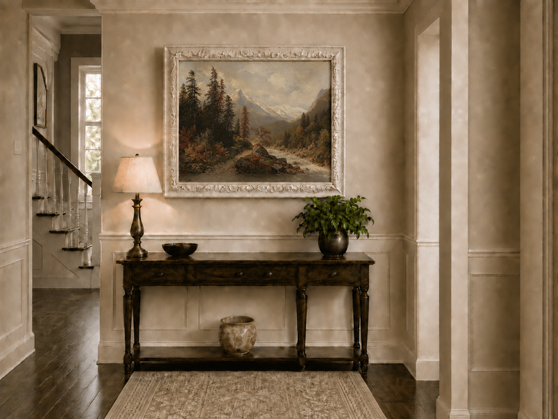 Hand-painted mountain forest landscape oil painting with river and distant peaks displayed above a console table in a hallway interior.