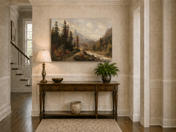 Hand-painted mountain forest landscape oil painting with river and distant peaks displayed above a console table in a hallway interior.