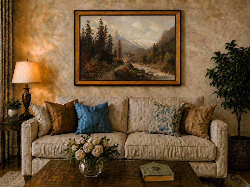 Hand-painted mountain forest landscape oil painting with river and distant peaks displayed above a sofa in a living room interior.
