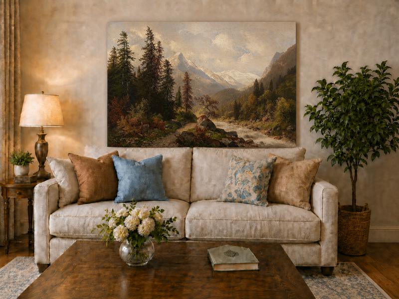 Hand-painted mountain forest landscape oil painting with river and distant peaks displayed above a sofa in a living room interior.