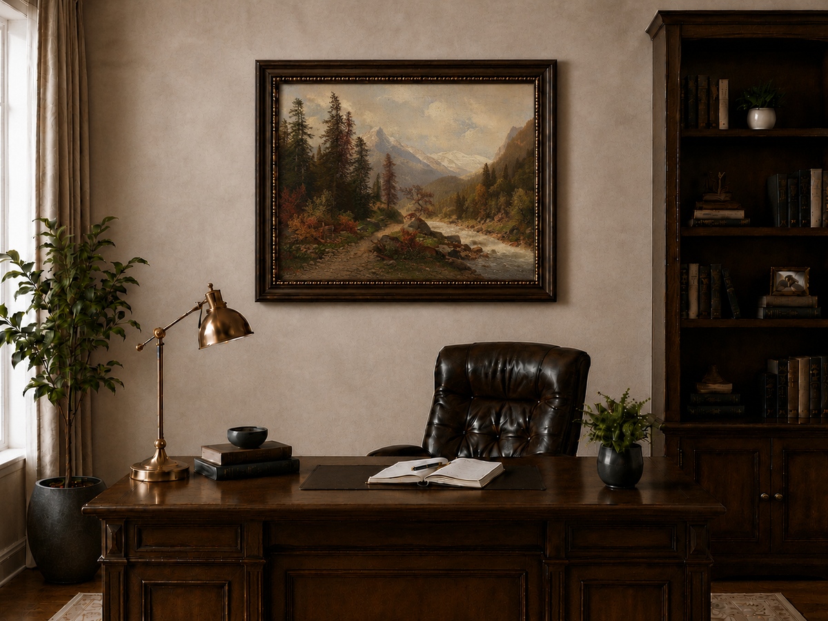 Hand-painted mountain forest landscape oil painting with river and distant peaks displayed above a desk in a home office interior.