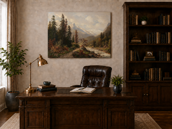 Hand-painted mountain forest landscape oil painting with river and distant peaks displayed above a desk in a home office interior.
