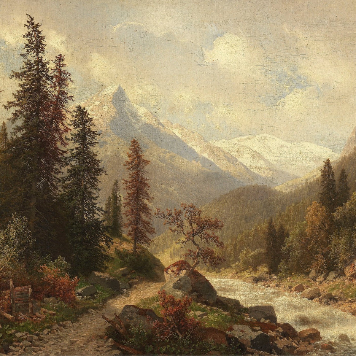 Mountain Forest Landscape Oil Painting with River and Distant Peaks - Oil Painting Haven