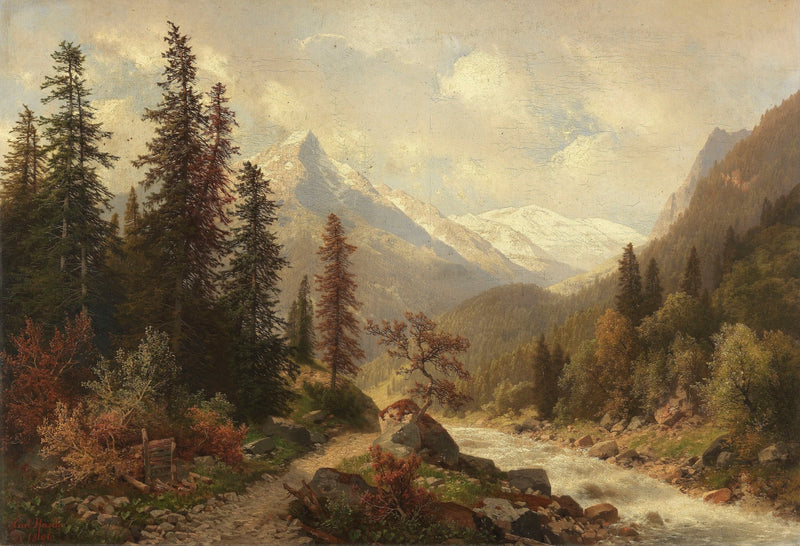 Mountain Forest Landscape Oil Painting with River and Distant Peaks - Oil Painting Haven