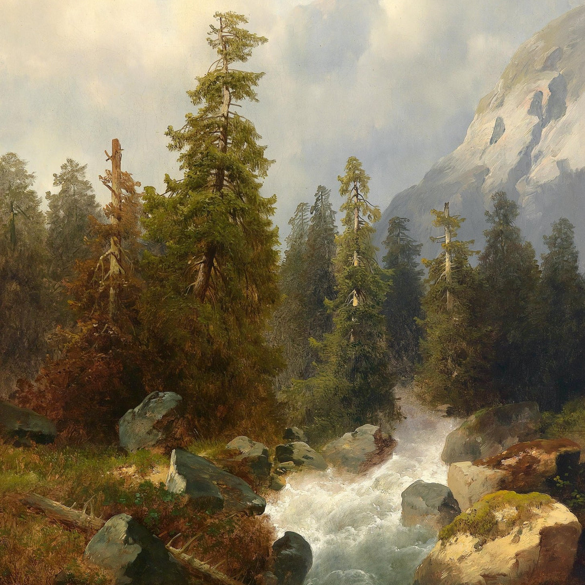 Mountain Forest with Flowing Stream – Landscape Oil Painting - Oil Painting Haven