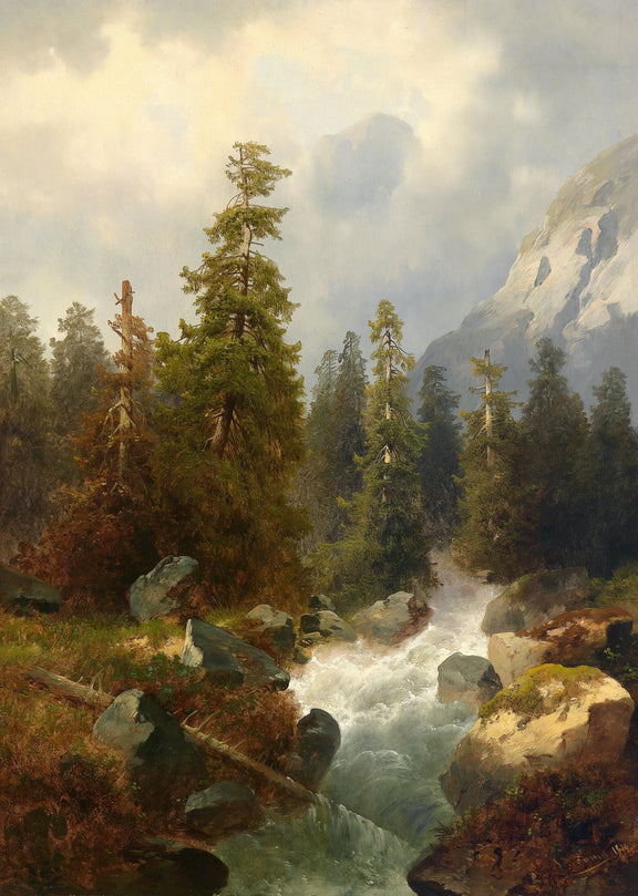 Mountain Forest with Flowing Stream – Landscape Oil Painting - Oil Painting Haven