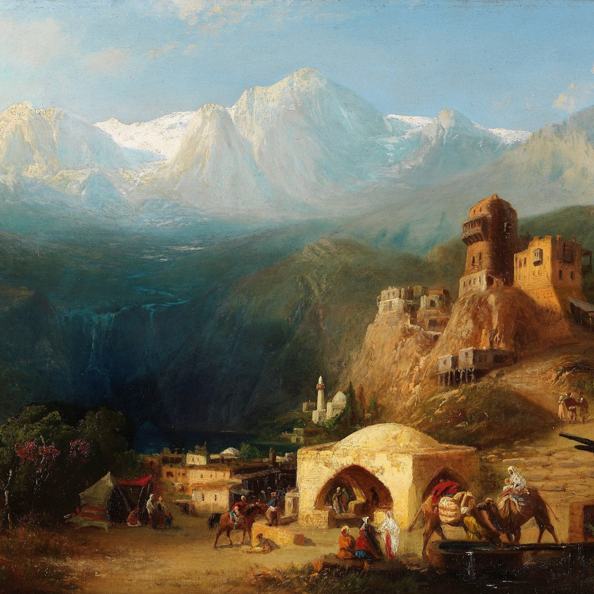Mountain Fortress, Travelers in a Vast Valley – Landscape Oil Painting - Oil Painting Haven