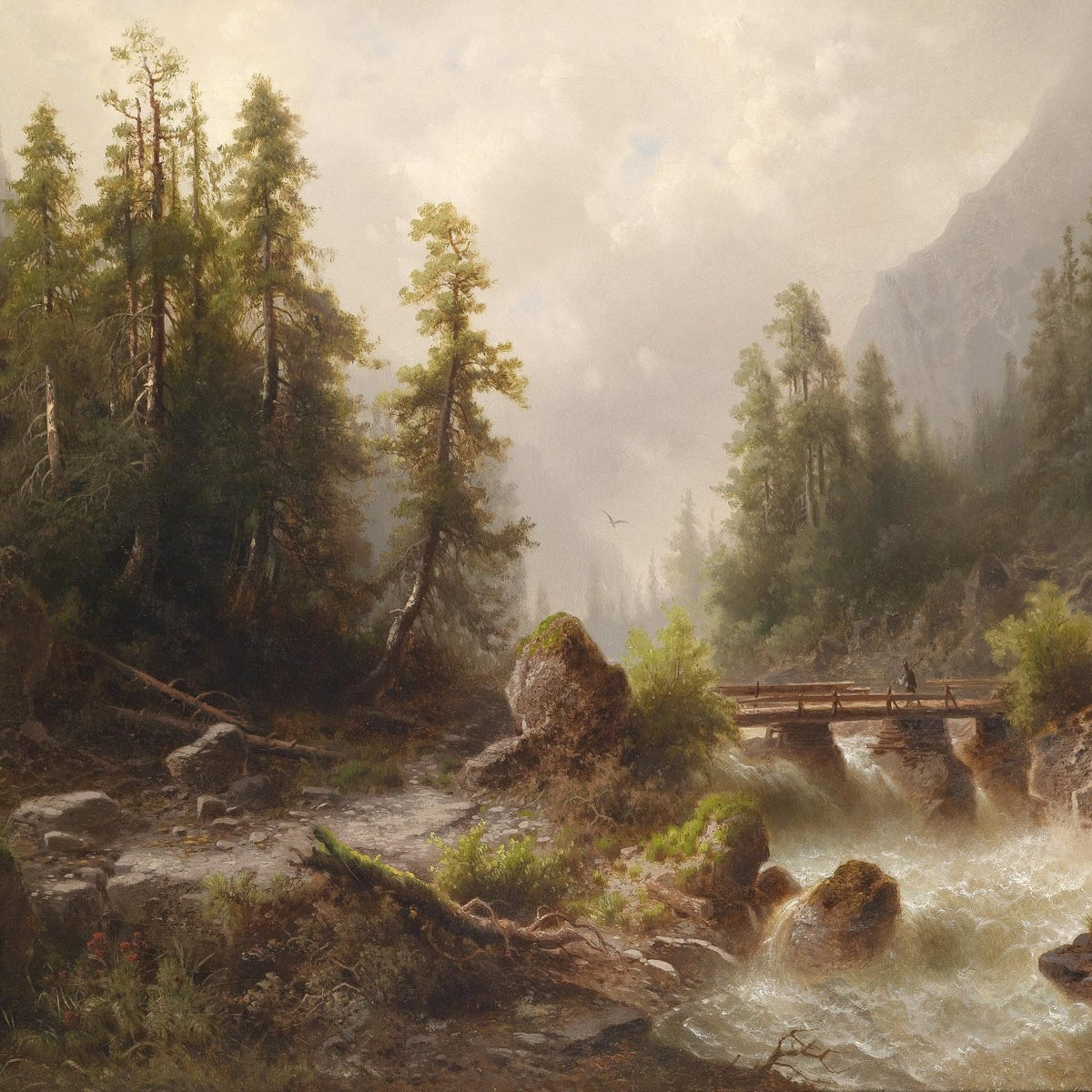 Mountain Gorge , Forest Stream, Wooden Bridge – Landscape Oil Painting - Oil Painting Haven