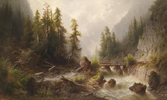 Mountain Gorge , Forest Stream, Wooden Bridge – Landscape Oil Painting - Oil Painting Haven