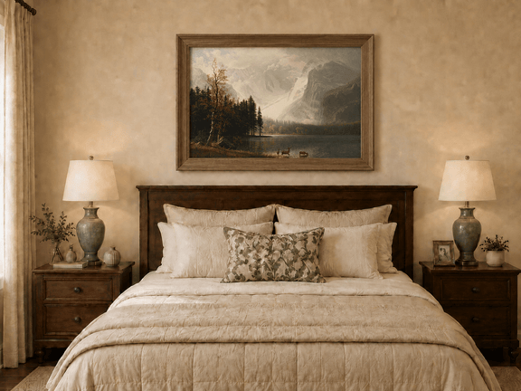 Framed hand-painted mountain lake oil painting with a deer herd and autumn trees displayed above a wooden bed in a neutral bedroom.