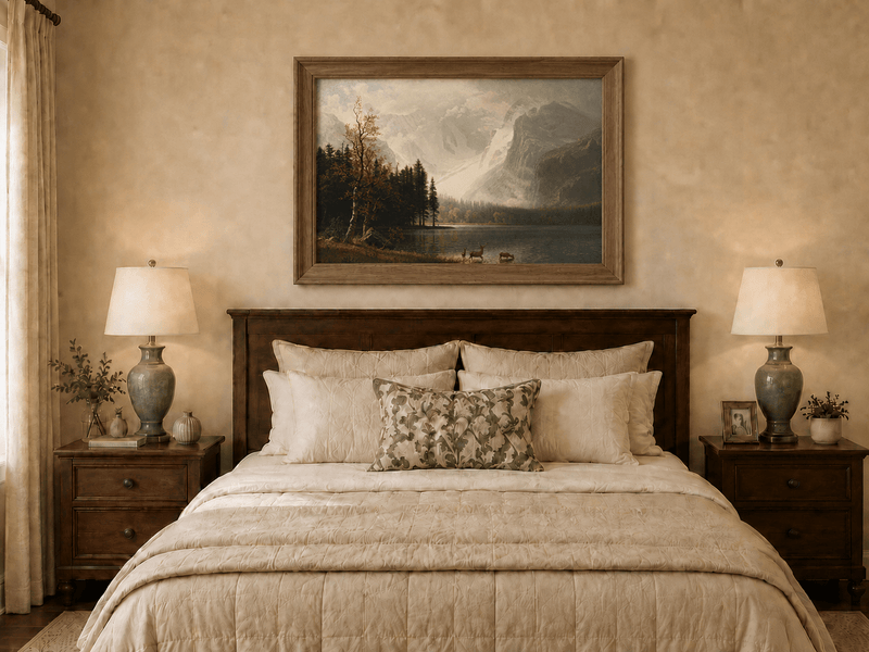 Framed hand-painted mountain lake oil painting with a deer herd and autumn trees displayed above a wooden bed in a neutral bedroom.