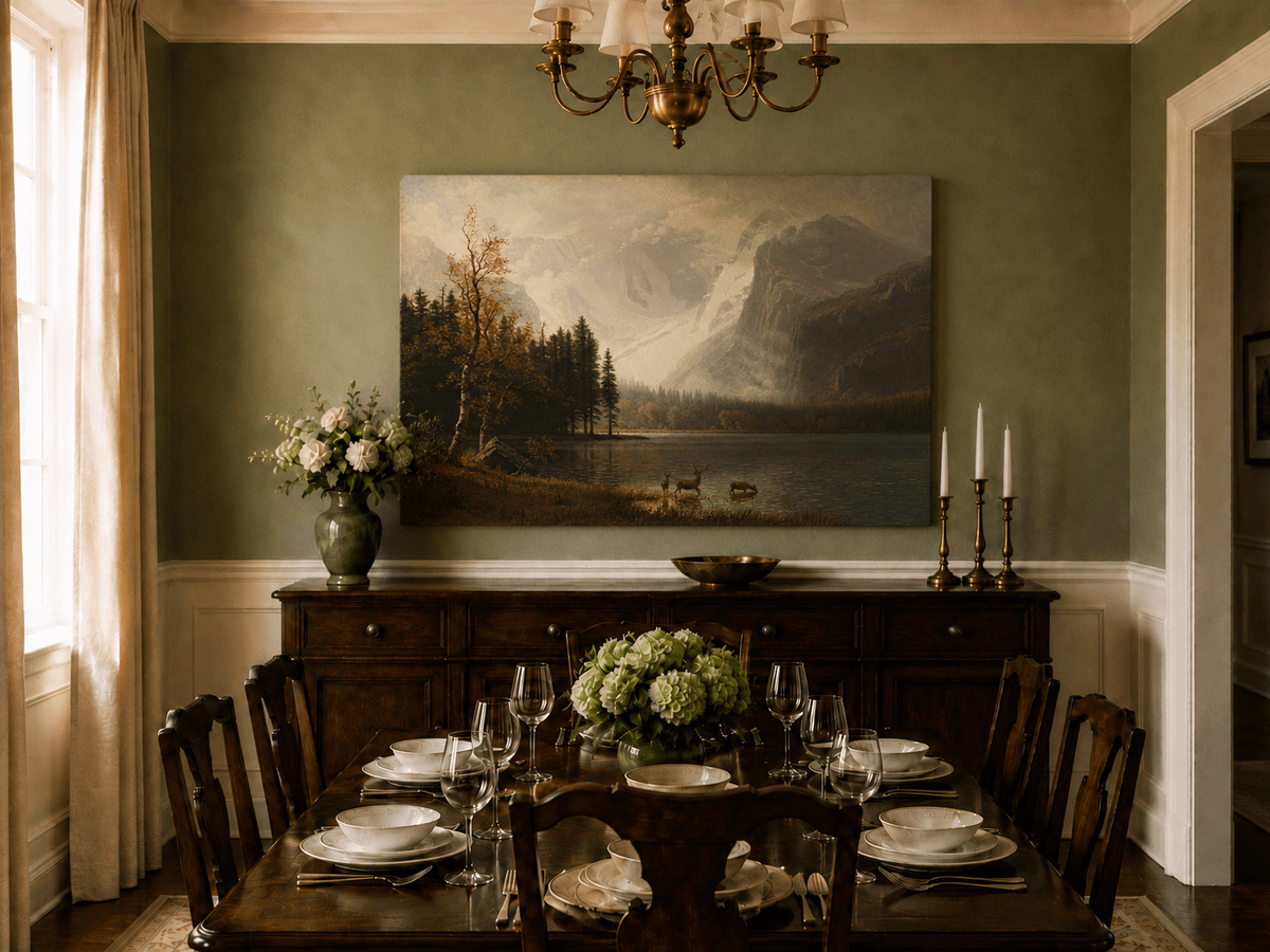Unframed hand-painted mountain lake oil painting with a deer herd and autumn trees displayed above a formal dining table.