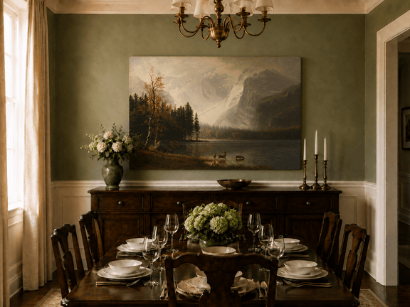 Unframed hand-painted mountain lake oil painting with a deer herd and autumn trees displayed above a formal dining table.