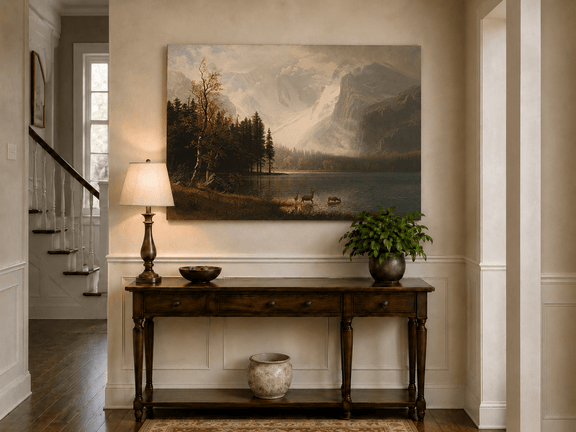 Unframed hand-painted mountain lake oil painting with a deer herd and autumn trees displayed above an entryway console table.