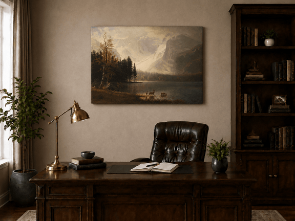 Unframed hand-painted mountain lake oil painting with a deer herd and autumn trees displayed above a traditional home office desk.