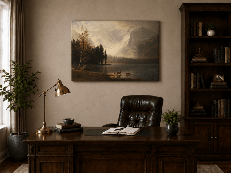 Unframed hand-painted mountain lake oil painting with a deer herd and autumn trees displayed above a traditional home office desk.