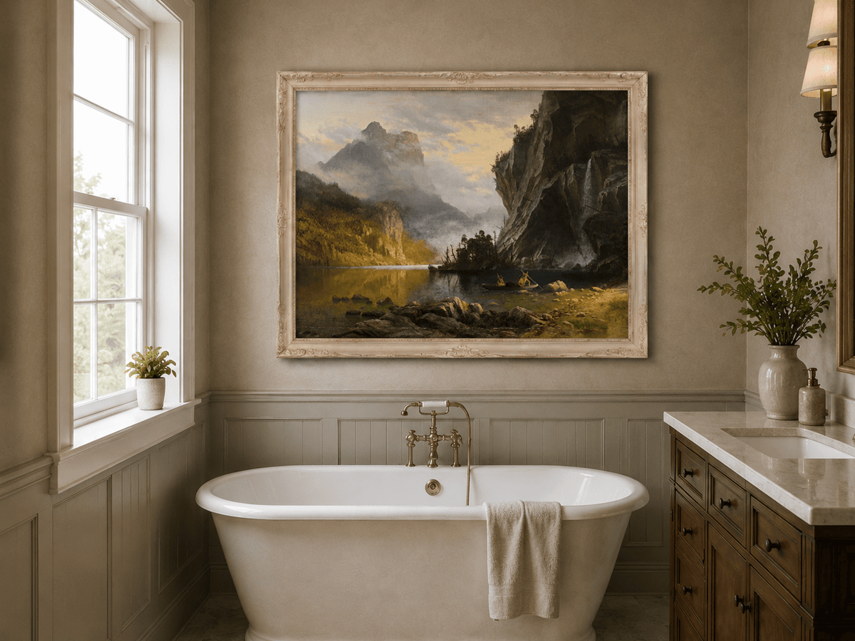 Framed hand-painted mountain lake oil painting with Native American figures in a canoe above a freestanding bathtub.