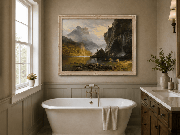 Framed hand-painted mountain lake oil painting with Native American figures in a canoe above a freestanding bathtub.