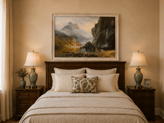 Framed hand-painted mountain lake oil painting with Native American figures in a canoe above a wooden bed.