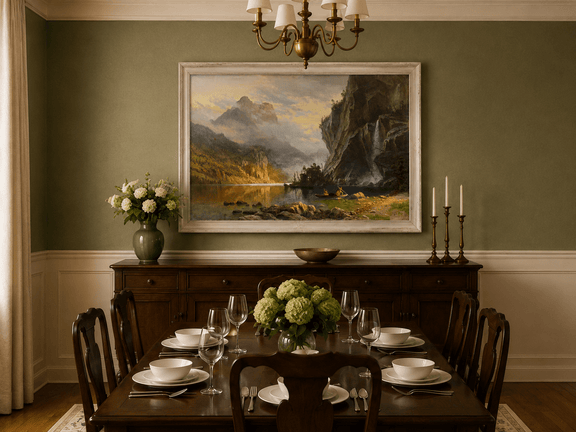 Framed hand-painted mountain lake oil painting with Native American figures in a canoe above a formal dining table.