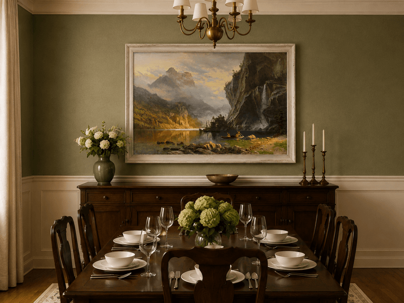 Framed hand-painted mountain lake oil painting with Native American figures in a canoe above a formal dining table.