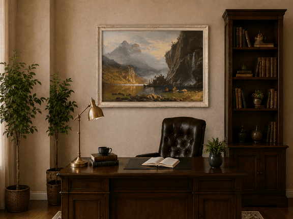 Framed hand-painted mountain lake oil painting with Native American figures in a canoe above a traditional home office desk.