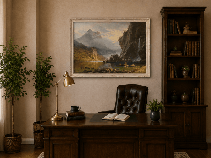 Framed hand-painted mountain lake oil painting with Native American figures in a canoe above a traditional home office desk.
