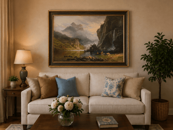 Framed hand-painted mountain lake oil painting with Native American figures in a canoe above a neutral living room sofa.