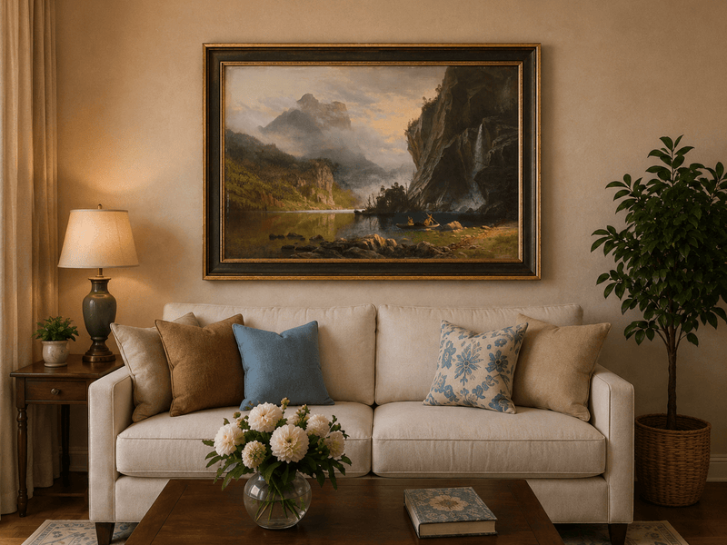 Framed hand-painted mountain lake oil painting with Native American figures in a canoe above a neutral living room sofa.