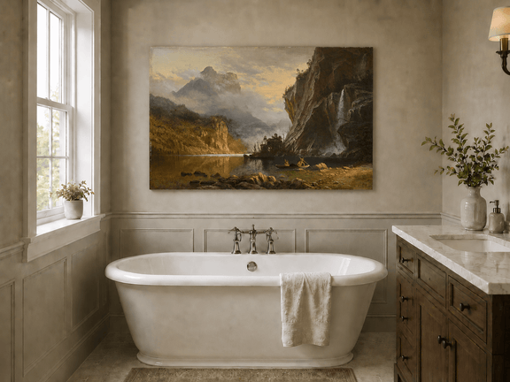 Unframed hand-painted mountain lake oil painting with Native American figures in a canoe above a freestanding bathtub.