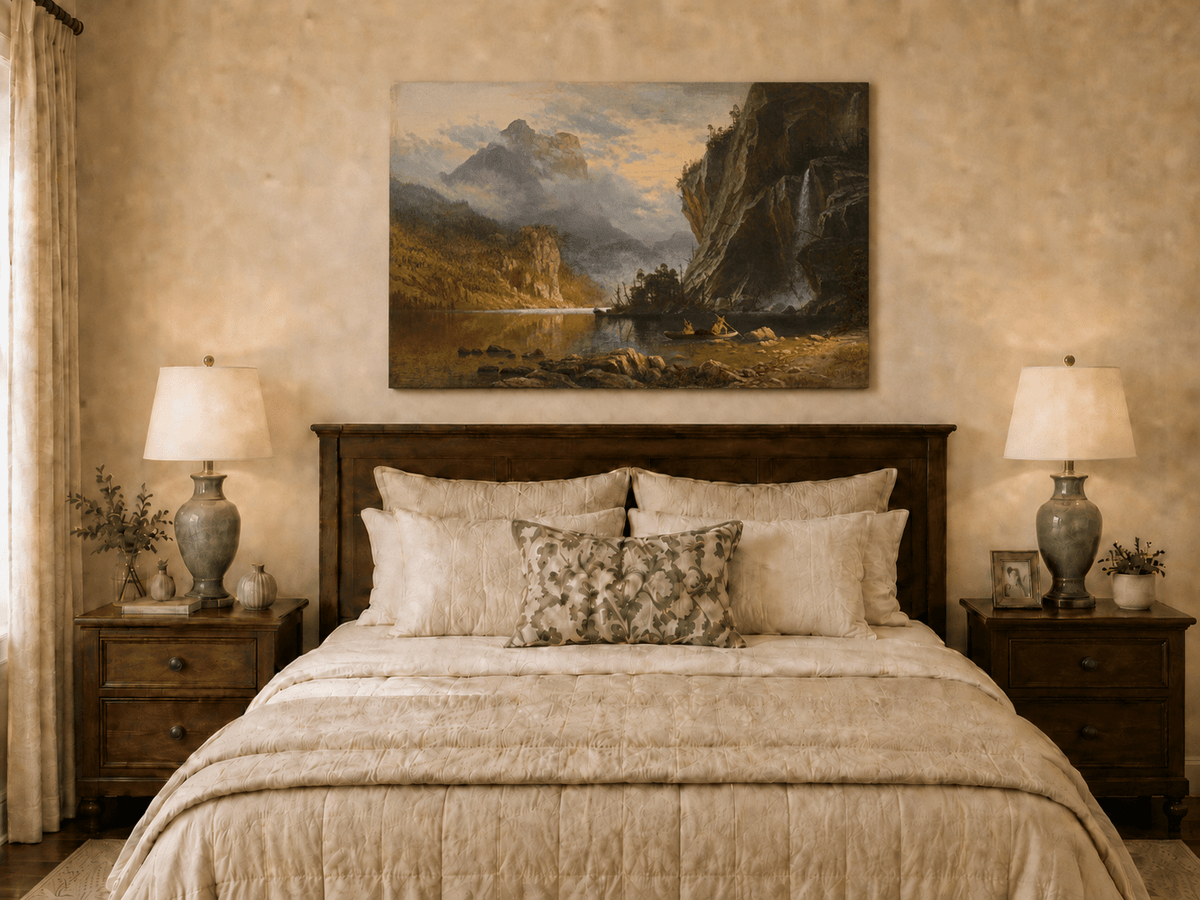 Unframed hand-painted mountain lake oil painting with Native American figures in a canoe above a wooden bed.