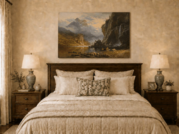 Unframed hand-painted mountain lake oil painting with Native American figures in a canoe above a wooden bed.