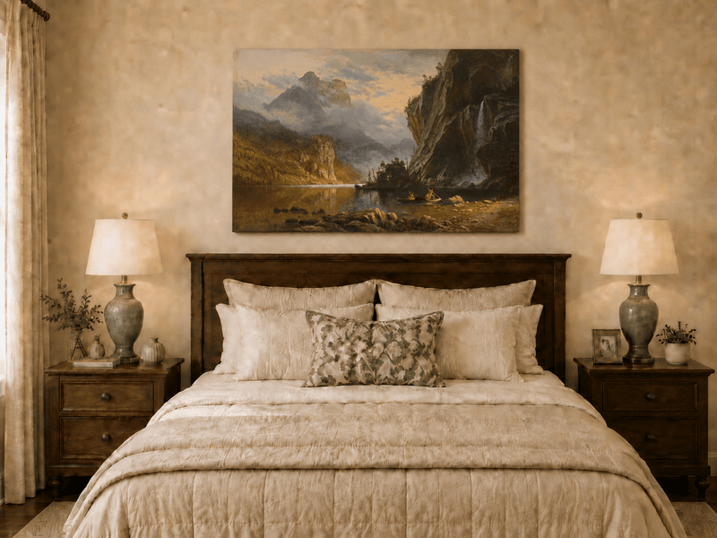 Unframed hand-painted mountain lake oil painting with Native American figures in a canoe above a wooden bed.
