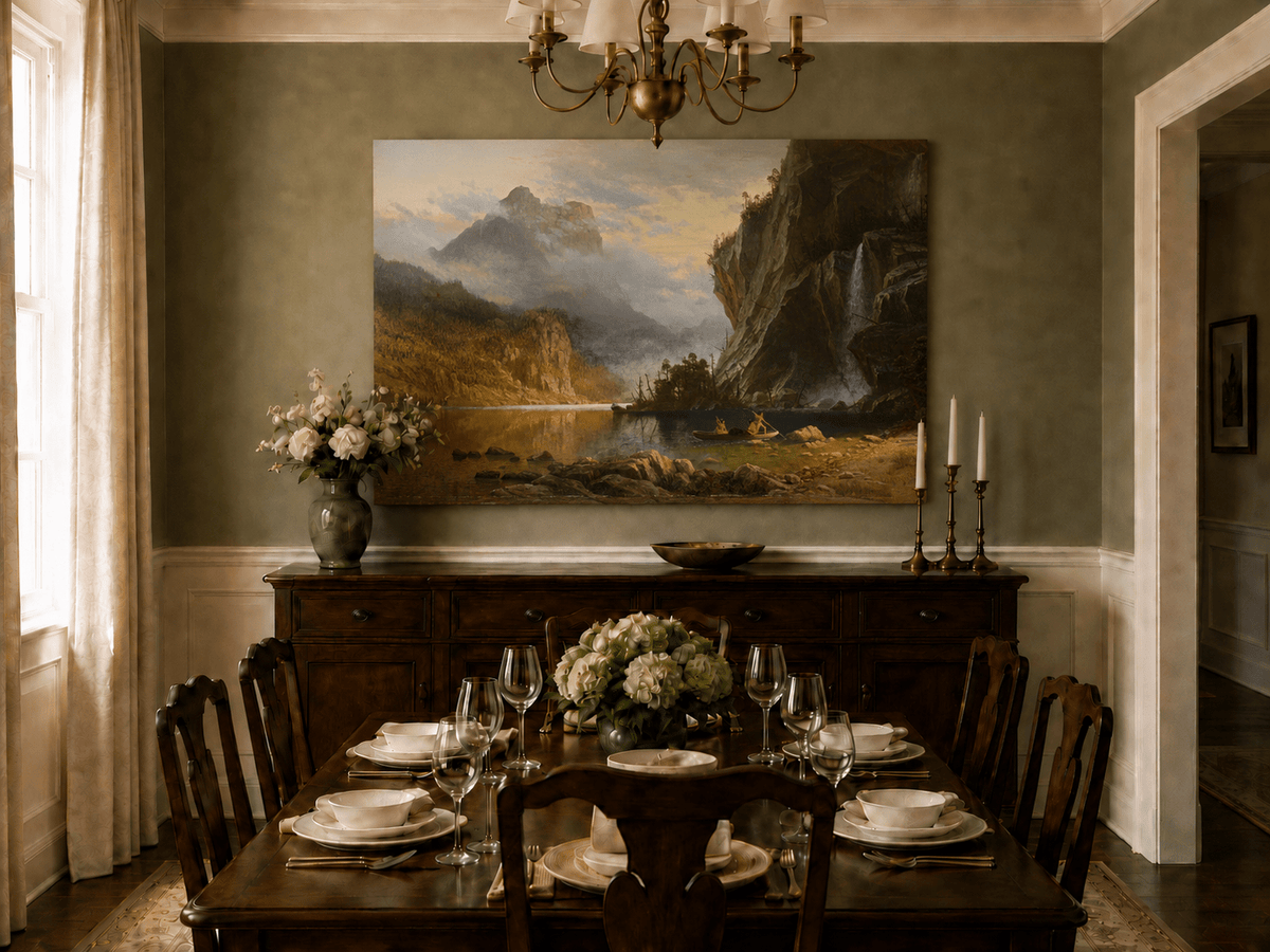 Unframed hand-painted mountain lake oil painting with Native American figures in a canoe above a formal dining table.