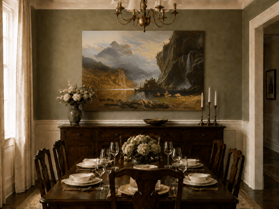 Unframed hand-painted mountain lake oil painting with Native American figures in a canoe above a formal dining table.