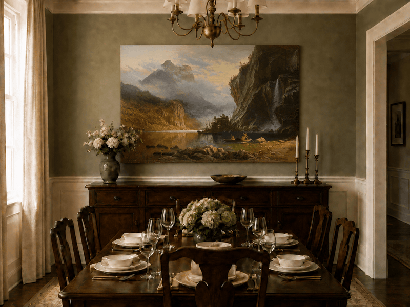 Unframed hand-painted mountain lake oil painting with Native American figures in a canoe above a formal dining table.