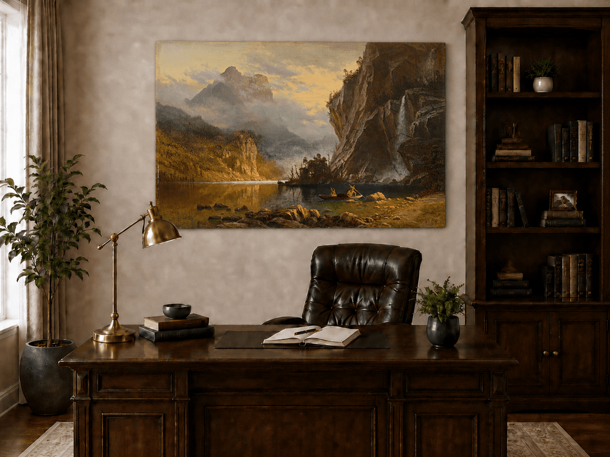 Unframed hand-painted mountain lake oil painting with Native American figures in a canoe above a traditional home office desk.