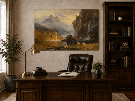 Unframed hand-painted mountain lake oil painting with Native American figures in a canoe above a traditional home office desk.