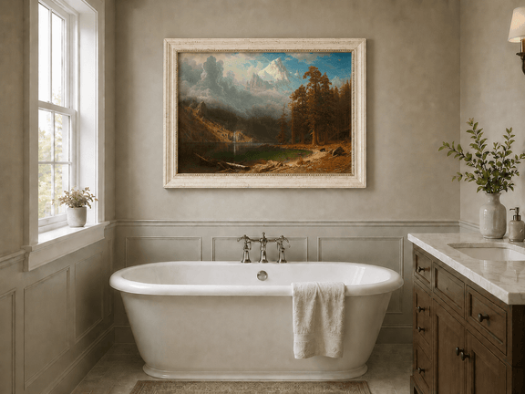 Framed hand-painted mountain lake oil painting with redwood trees and a bear displayed above a freestanding bathtub.