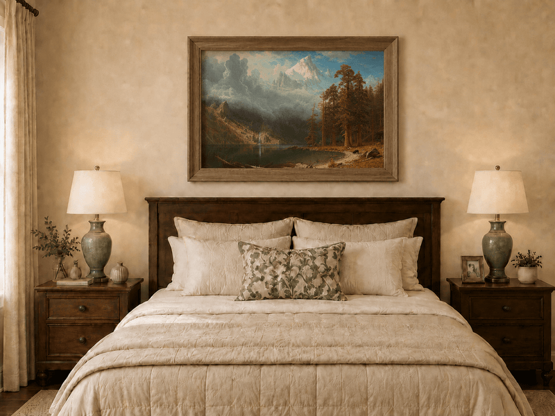 Framed hand-painted mountain lake oil painting with redwood trees and a bear displayed above a wooden bed in a neutral bedroom.