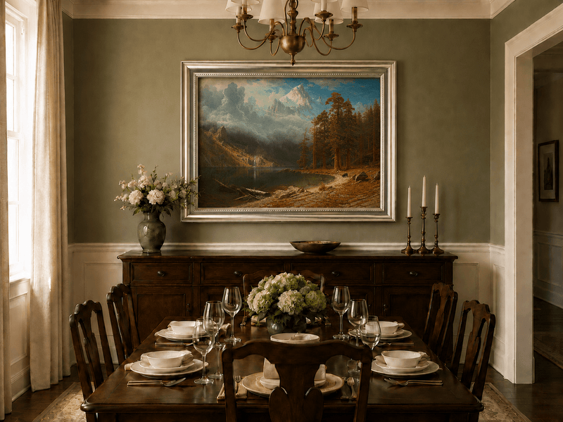 Framed hand-painted mountain lake oil painting with redwood trees and a bear displayed above a formal dining table.