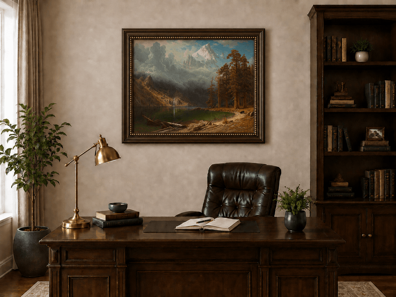Framed hand-painted mountain lake oil painting with redwood trees and a bear displayed above a traditional home office desk.