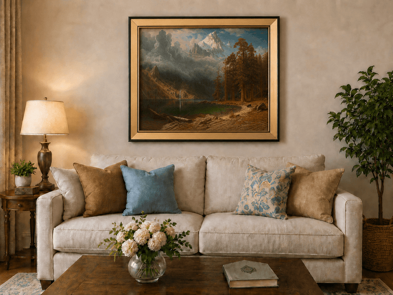 Framed hand-painted mountain lake oil painting with redwood trees and a bear displayed above a neutral living room sofa.