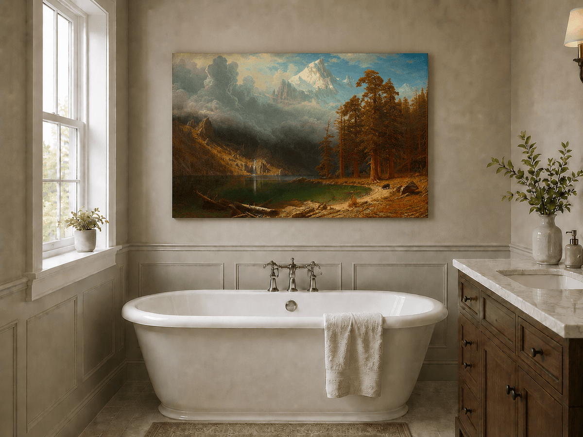 Unframed hand-painted mountain lake oil painting with redwood trees and a bear displayed above a freestanding bathtub.
